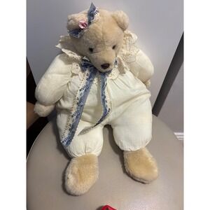 Classic Teddy Bear Cream Romper Lace Collar Blue Ribbon Bows Heirloom Toy